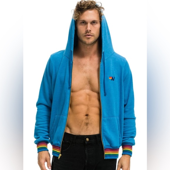 Aviator Nation Rainbow Rib Cuff Zip Up Hoodie Ocean Blue Turquoise Large NWT - Picture 4 of 15